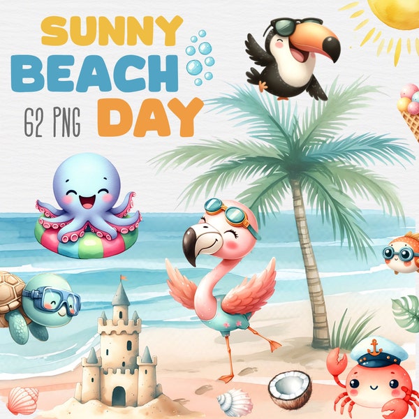 Paquete de imágenes prediseñadas de Sunny Beach Day, acuarela de verano, lindo submarino, PNG de vacaciones, imágenes prediseñadas de temporada, viajes, decoración de guardería, descarga instantánea