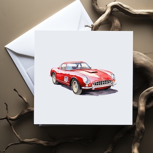 May include: A red vintage sports car with a white stripe on the hood. The car is painted in a watercolor style.