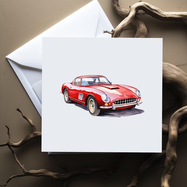 May include: A red vintage sports car with a white stripe on the hood. The car is painted in a watercolor style.