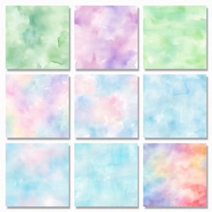 May include: Nine watercolor backgrounds in various shades of green, pink, blue, and purple. The backgrounds are abstract and feature soft, blended colors.