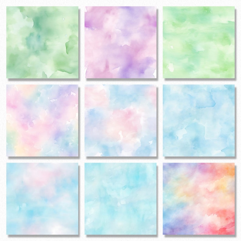 May include: Nine watercolor backgrounds in various shades of green, pink, blue, and purple. The backgrounds are abstract and feature soft, blended colors.