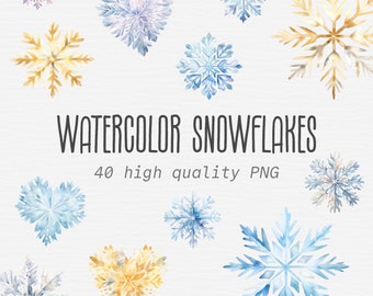 Blue, Silver & Gold Snowflakes Clipart Bundle, Watercolor Christmas PNG Set, Winter, Wedding, Holiday, Baby Shower, Digital Instant Download