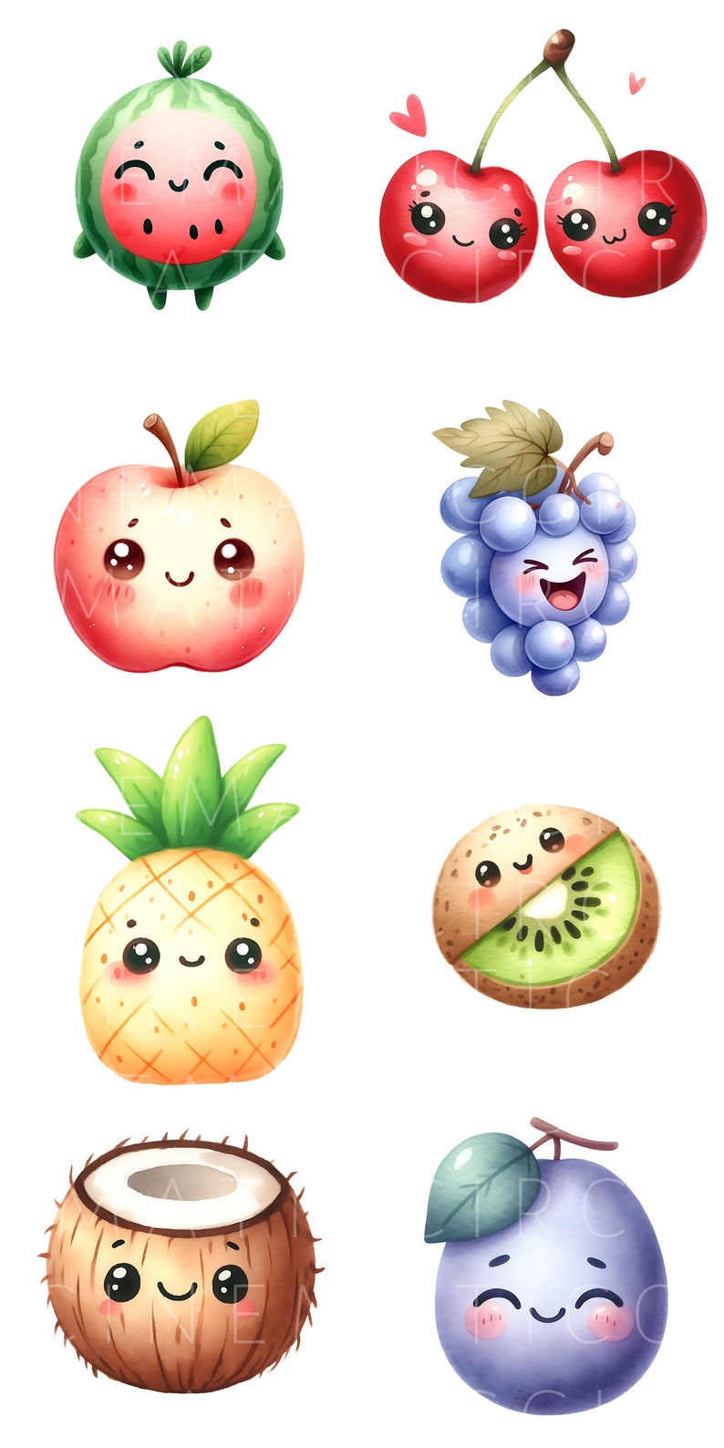 K&ouml;nnte beinhalten: Ein Set aus acht Cartoon-Fr&uuml;chten mit l&auml;chelnden Gesichtern. Die Fr&uuml;chte umfassen eine Wassermelone, zwei Kirschen, einen Apfel, Trauben, eine Ananas, eine Kiwi, eine Kokosnuss und eine Blaubeere.