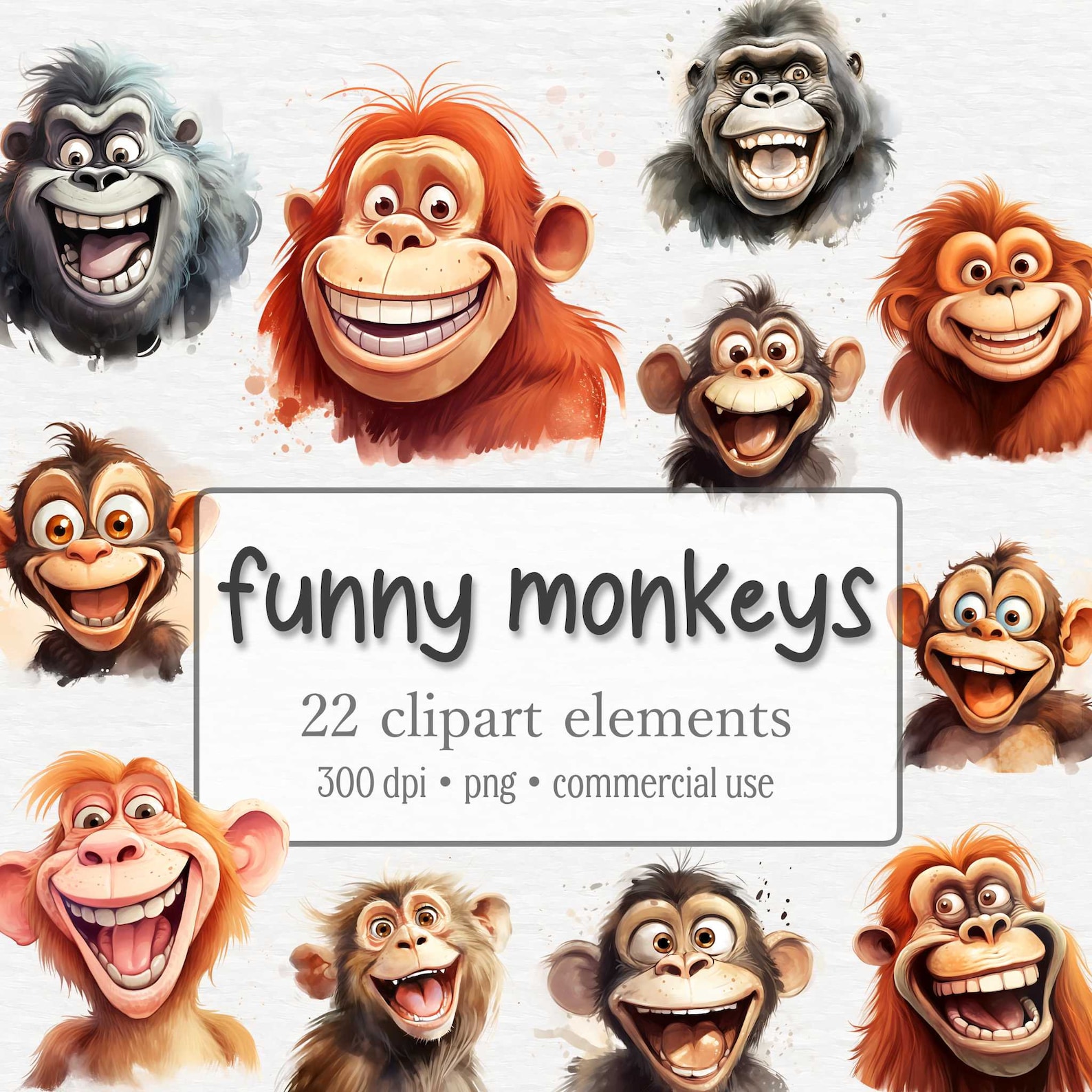 Monkey Rzy Funny and Crazy Monkeys Clipart Bundle, Monkey PNG, Watercolor Gorilla ...
