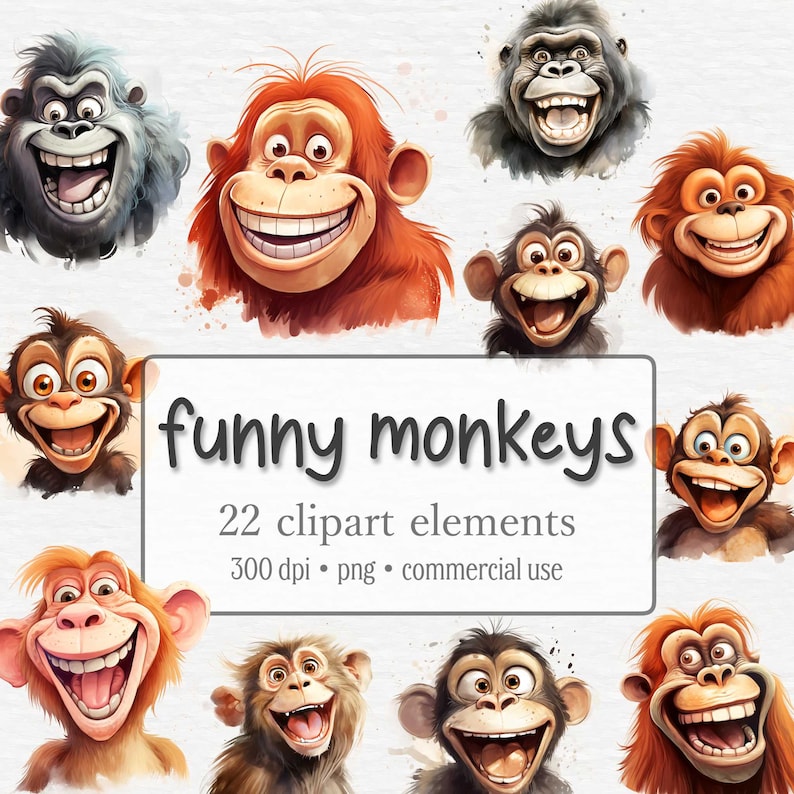 Puede incluir: Un conjunto de 22 im&aacute;genes de clipart digitales que presentan monos de dibujos animados divertidos con diferentes expresiones. Los monos son de varios colores, incluidos marr&oacute;n, naranja, gris y negro. Las im&aacute;genes son de 300 ppp y en formato PNG. Son aptas para uso comercial.