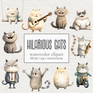 Funny & Hilarious Cat Clipart PNG Bundle, Chubby and fat cats, Watercolor Cute Kittens, Card Making,Commercial Use, Digital Instant Download