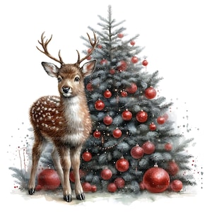 Paquete de imágenes prediseñadas de ciervos de invierno, pintura del país de las maravillas de invierno, reno de Navidad PNG, alce del bosque de acuarela, imágenes prediseñadas de temporada, artesanía de papel digital