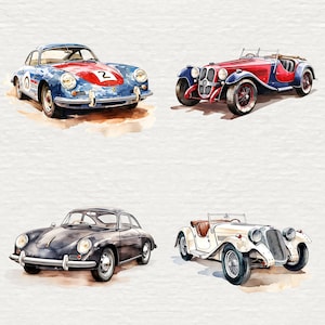 May include: A collection of eight vintage cars in various colors, including red, blue, white, and black. The cars are all classic models with open tops and sleek designs.
