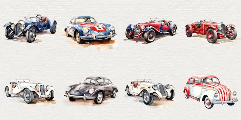May include: A collection of eight vintage cars in various colors, including red, blue, white, and black. The cars are all classic models with open tops and sleek designs.