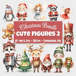 Paquete de imágenes prediseñadas de Navidad, paquete de acuarela, personajes lindos, Santa, elfo, reno, lindos animales bebés, gráfico XMAS, SVG y PNG, uso comercial