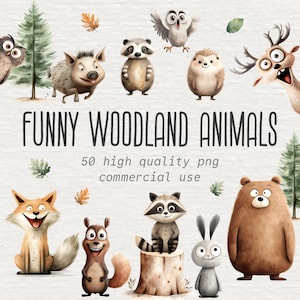 Funny Woodland Animals Clipart Bundle, Watercolor Forest Animal PNG Images, Cute Bear, Fox, Bunny, Squirrel, Nursery Art, Digital Download