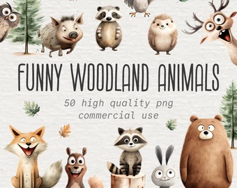 Funny Woodland Animals Clipart Bundle, Watercolor Forest Animal PNG Images, Cute Bear, Fox, Bunny, Squirrel, Nursery Art, Digital Download