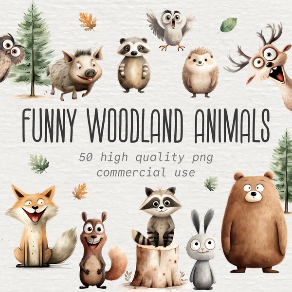 Funny Woodland Animals Clipart Bundle, Watercolor Forest Animal PNG Images, Cute Bear, Fox, Bunny, Squirrel, Nursery Art, Digital Download