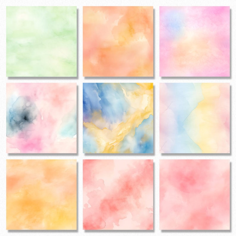 May include: Nine watercolor backgrounds in various shades of pink, blue, green, and yellow. The backgrounds are abstract and feature soft, blended colors.