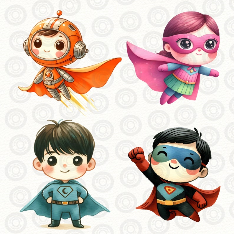 Superhero Kids Clipart Bundle, Superheroes PNG, Aquarelle Hero, Galaxy, Nursery Decor, Girl & Boy, Téléchargement instantané numérique, Utilisation commerciale image 6