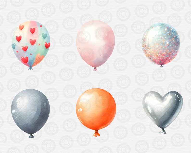 May include: Six colorful balloons in various shapes and colors. A pink balloon, a gray balloon, a light blue balloon with red hearts, a silver heart-shaped balloon, a gray balloon with glitter, and an orange balloon.