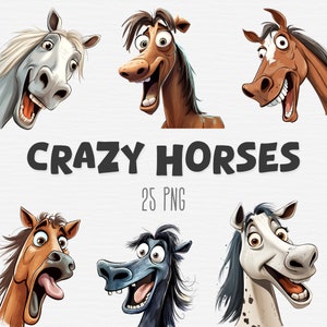 Crazy and Funny Horse Clipart Bundle, Horse Portrait, Cartoon Horses Illustration, Pony Foal PNG, Cute Farm Animal, Digital Instant Download