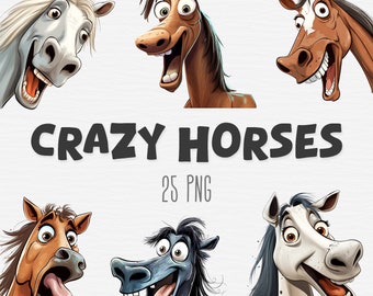 Crazy and Funny Horse Clipart Bundle, Horse Portrait, Cartoon Horses Illustration, Pony Foal PNG, Cute Farm Animal, Digital Instant Download