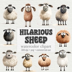 Hilarious Sheep Clipart Bundle, Cute Sheep PNG, Crazy & Funny Animals Graphics, Aquarelle, Paper Crafts, Téléchargement numérique, Utilisation commerciale