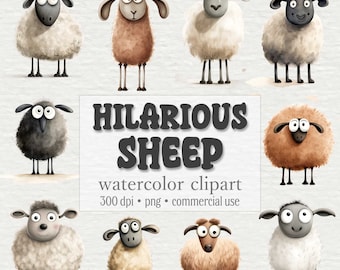 Hilarious Sheep Clipart Bundle, Cute Sheep PNG, Crazy & Funny Animals Graphics, Watercolor, Paper Crafts, Digital Download, Commercial Use