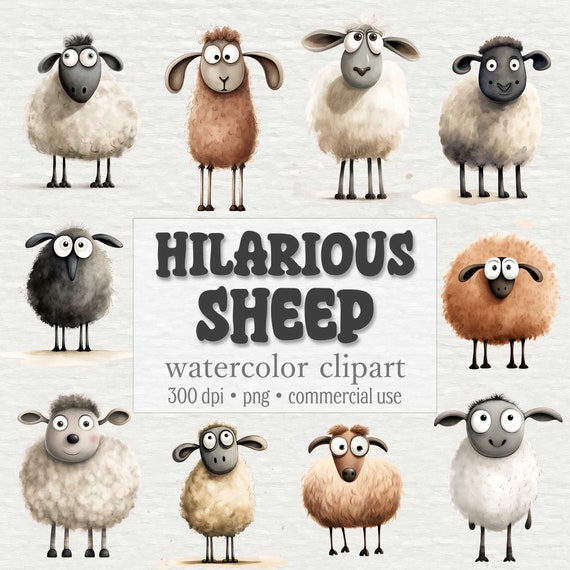 Hilarious Sheep Clipart Bundle, Cute Sheep PNG, Crazy & Funny Animals Graphics, Watercolor, Paper Crafts, Digital Download, Commercial Use
