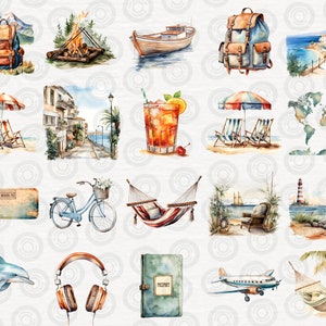 May include: A collection of watercolor illustrations featuring travel and vacation themes. Images include a backpack, a campfire, a boat, a world map, a cocktail, a hammock, a passport, a plane, a beach scene, and more.