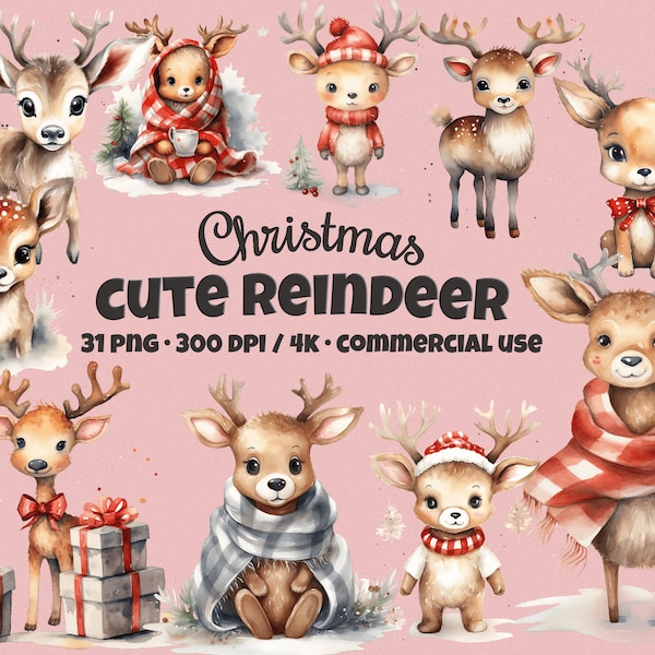 Christmas Cute Deer Clipart Bundle, Watercolor Reindeer, Santa PNG, Christmas Card, Digital Paper Craft, Baby Animals Clipart, Junk Journal