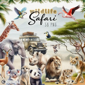 Pacote de clipart de vida selvagem de safári em aquarela, animais fofos em PNG, clipart de animais da selva, arte para berçário, imagens para chá de bebê, uso comercial
