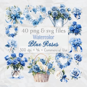Watercolor Blue Roses Clipart, Floral Bundle, Flower Wreath, Wedding, Invitation, Card Making, PNG SVG, Junk Journal, Transparent Background