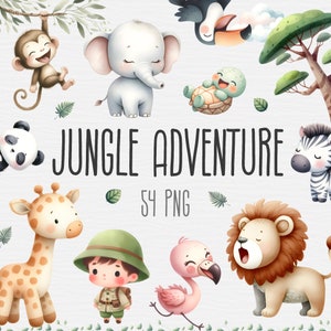 Jungle Adventure Clipart Bundel, Leuke Safari, Aquarel Dieren PNG, Nijlpaard, Leeuw, Giraffe, Tijger, Olifant, Baby Shower, Digitale Download