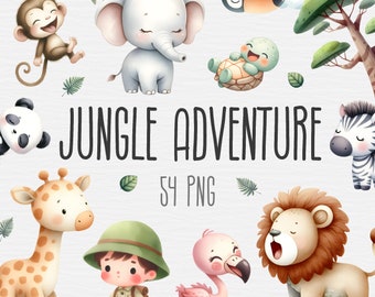 Jungle Adventure Clipart Bundle, Cute Safari, Watercolor Animals PNG, Hippo, Lion, Giraffe, Tiger, Elephant, Baby Shower, Digital Download