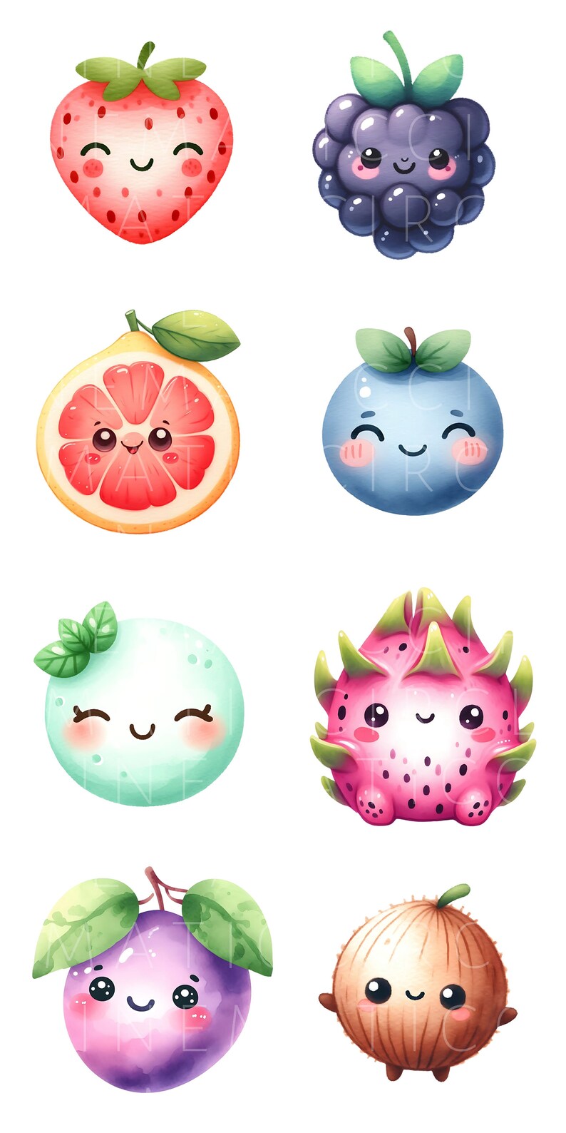 K&ouml;nnte beinhalten: Ein Set mit 8 niedlichen Cartoon-Fr&uuml;chten mit l&auml;chelnden Gesichtern. Die Fr&uuml;chte umfassen eine Erdbeere, eine Brombeere, eine Grapefruit, eine Blaubeere, eine Litschi, eine Drachenfrucht, eine Pflaume und eine Kokosnuss.