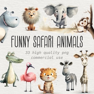 Funny Safari Animal Clipart Bundle, Watercolor Africa Animals PNG Images, Cute & Hilarious Cartoon, Digital Instant Download, Commercial Use