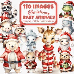 Imágenes prediseñadas de animales bebés de Navidad, imágenes prediseñadas de regalo de Navidad, imágenes prediseñadas de invierno, imágenes prediseñadas de acuarela, paquete XMAS, animales lindos, SVG PNG, uso comercial