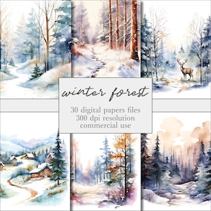 Winter Forest Landscape Digital Paper, Printable Winter Woodland, Snowy Forest, Winter Wonderland JPG Set, Card Making, Scrapbooking Paper