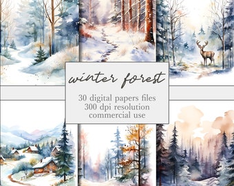 Winter Forest Landscape Digital Paper, Printable Winter Woodland, Snowy Forest, Winter Wonderland JPG Set, Card Making, Scrapbooking Paper