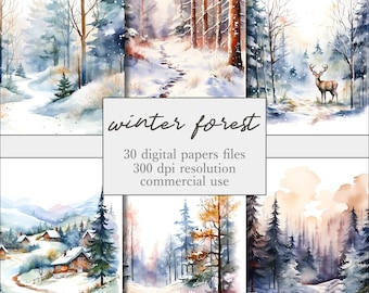 Winter Forest Landscape Digital Paper, Printable Winter Woodland, Snowy Forest, Winter Wonderland JPG Set, Card Making, Scrapbooking Paper