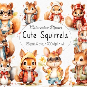 Aquarelle Mignon Écureuil Clipart Bundle, PNG SVG, 25 Bébé Animal Cliparts pour Décoration de Pépinière Baby Shower Anniversaire Sublimation Utilisation Commerciale