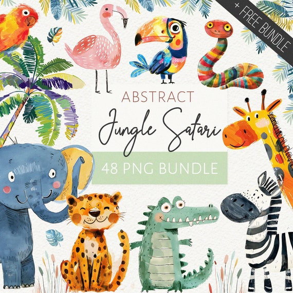 Jungle Safari Clipart Bundle | Quirky Safari Baby Animals | Baby Shower | Jungle Nursery | Watercolor Lion Giraffe Bird PNG | Birthday Decor