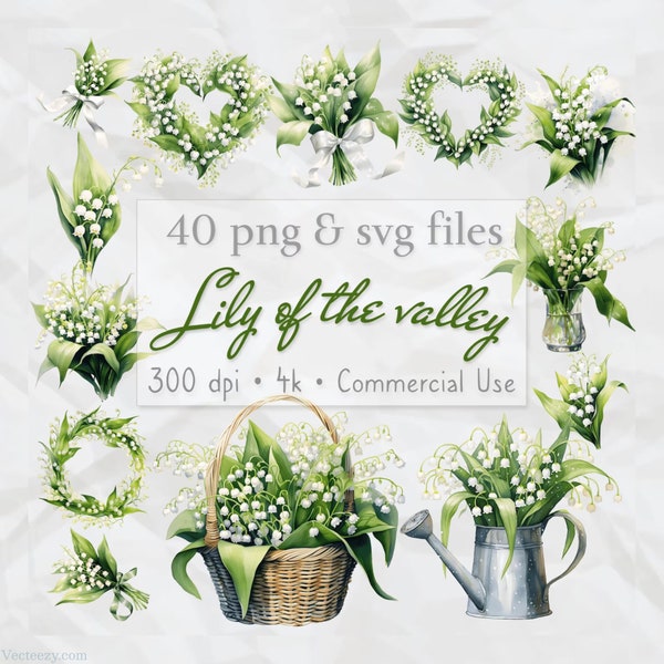 Muguet Clipart, Fleurs aquarelles, Clipart floral, Clipart de mariage, Fabrication de cartes, Couronne de fleurs, PNG SVG, Fond transparent