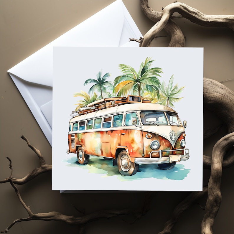 May include: A vintage, rusty orange and white camper van with a surfboard on the roof, parked in front of palm trees. The van has a watercolor effect.