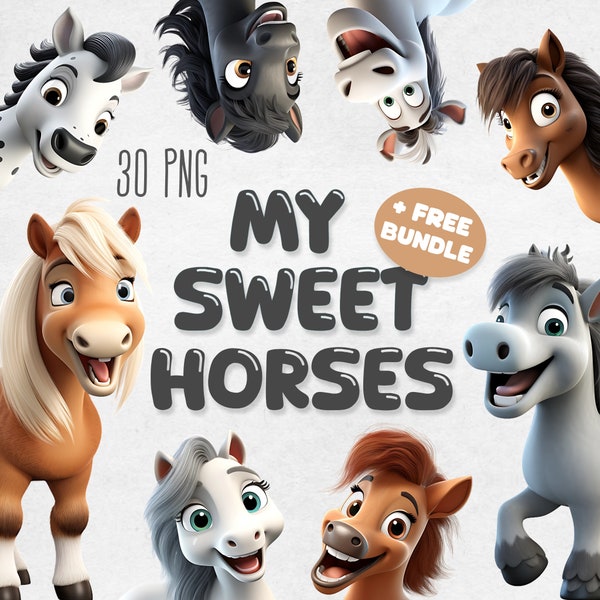 Pacchetto Clipart My Sweet Horses, PNG cavallo carino, sublimazione del puledro, animali da fattoria felici, cartoni animati, creazione di cartoline, arredamento della scuola materna, download digitale