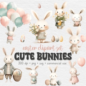 Lindo conejito de Pascua Clipart, paquete de imágenes prediseñadas de Pascua, imágenes prediseñadas de conejitos, huevos de Pascua, cesta, globo, decoración de guardería para bebés, PNG SVG, uso comercial