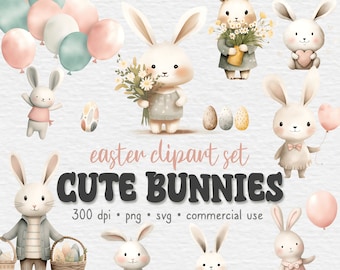 Cute Easter Bunny Clipart, Easter Clipart Bundle, Bunnies Clipart, Easter Eggs, Basket, Balloon, Baby Nursery Decor, PNG SVG, Commercial Use