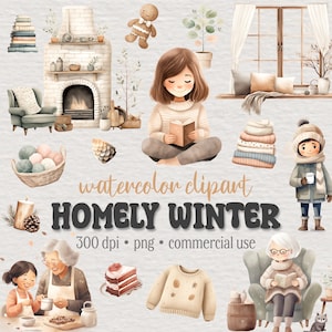Paquete de imágenes prediseñadas de invierno hogareño, PNG de acuarela, invierno acogedor, niña lectora, temporada de invierno mágica, tiempo de Navidad, horneado, descarga instantánea digital
