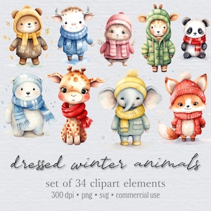 Cute dressed winter animals clipart bundle, Watercolor baby animals, colorful safari forest animals, winter gift, png & svg, commercial use