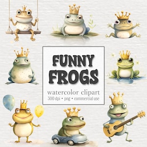 Funny Frog Clipart Bundle, Cute Frogs Graphics, Watercolor Swamp, Crazy Toad PNG, Nursery Decor, Scrapbook, Commercial Use, Digital Download