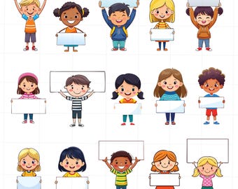 Various Kids Clipart Bundle, School Kids PNG, Little Cartoon Kids Graphics, Cute Children With Posters Clip Art, Stick Kids, Commercial Use