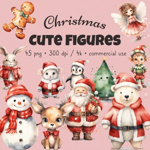 Paquete de imágenes prediseñadas de Navidad, paquete de acuarela, personaje lindo, Santa PNG, lindos animales bebés, árbol de Navidad, muñeco de nieve, pan de jengibre, PNG, uso comercial