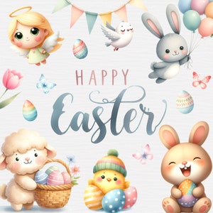 Joyeuses Pâques Clipart Bundle, Lapin de Pâques mignon, Poussin, Agneau, Oeuf de Pâques, Fleur, Printemps PNG, Pâques Pastel, Décor de chambre d’enfant, Téléchargement numérique